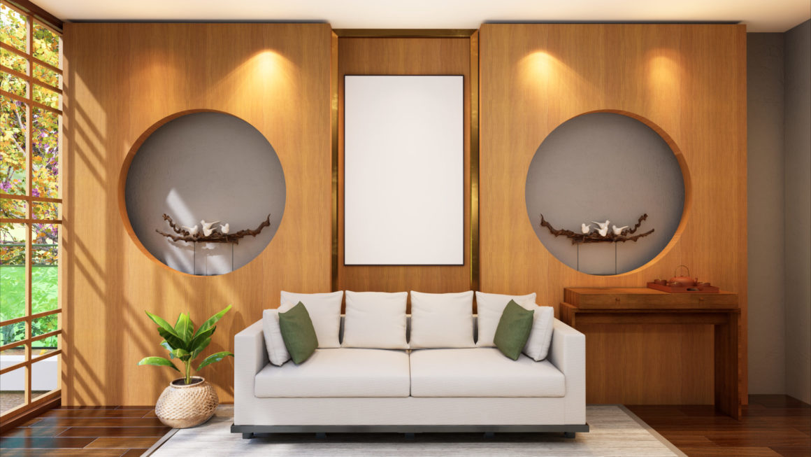 3D illustration Mockup photo frame in living room rendering