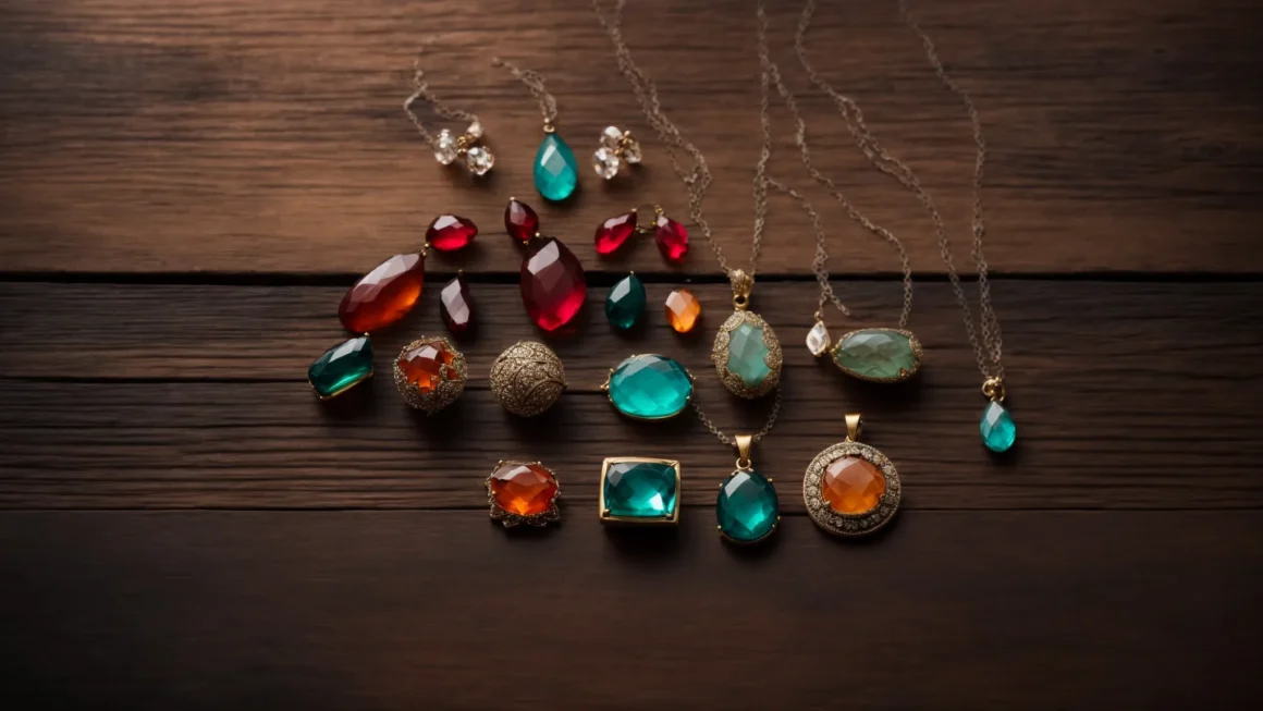 an elegant display of colorful vintage resin jewelry pieces laid out on a rustic wooden surface under soft lighting.