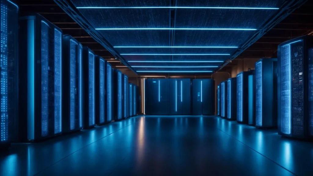 a futuristic data center with rows of glowing servers under a dim blue light, illustrating the next-generation ai-powered storage systems.