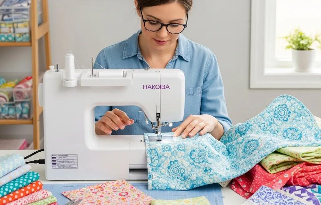 Beginner quilter at a sewing machine with colorful fabrics and tools, representing the joy of quilting