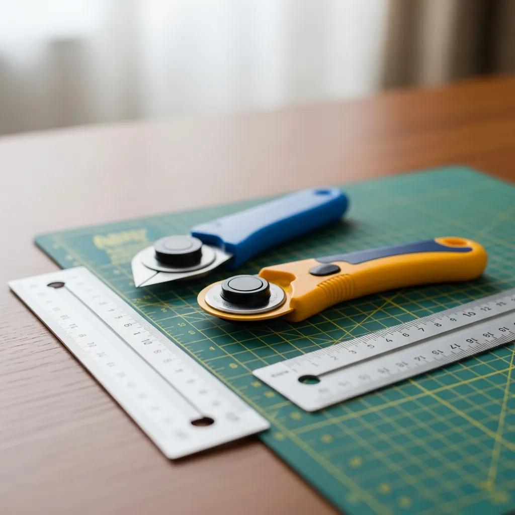Essential quilting tools including rotary cutter, ruler, and cutting mat, highlighting their importance for beginners