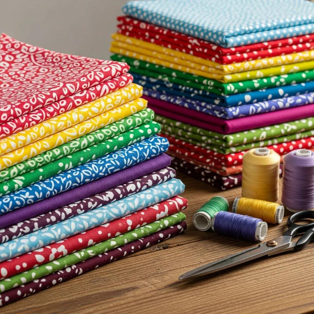 Variety of cotton fabrics in different colors and patterns, ideal for quilting projects