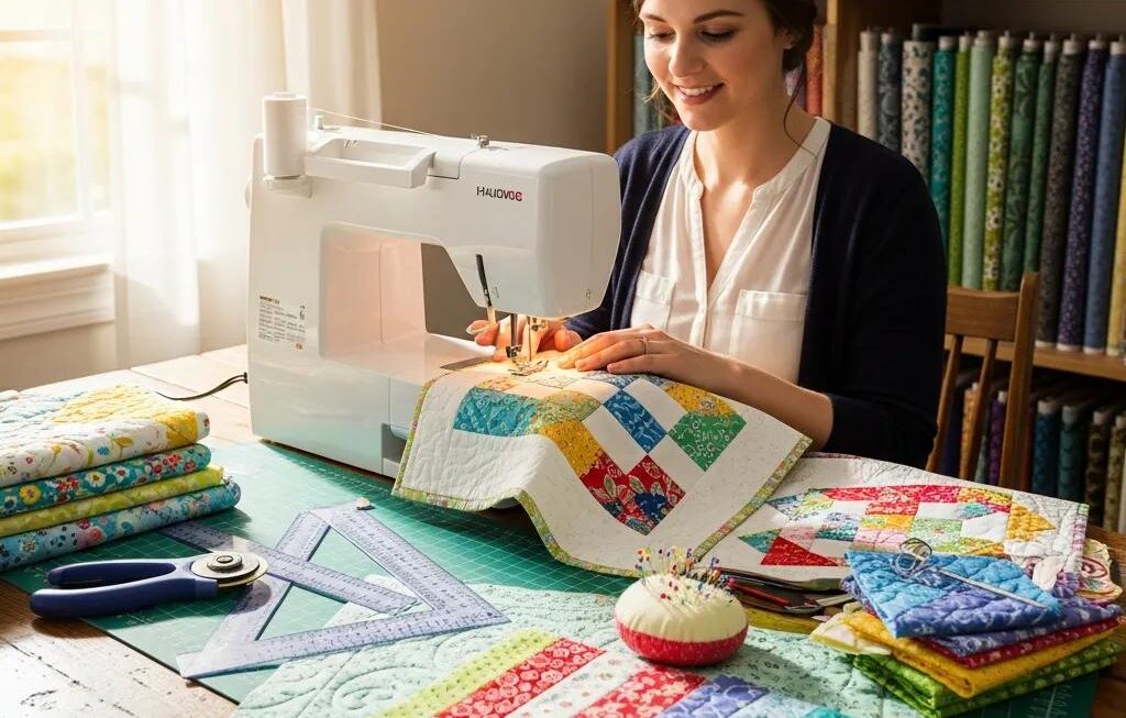 Beginner quilter at sewing machine with colorful fabrics and tools