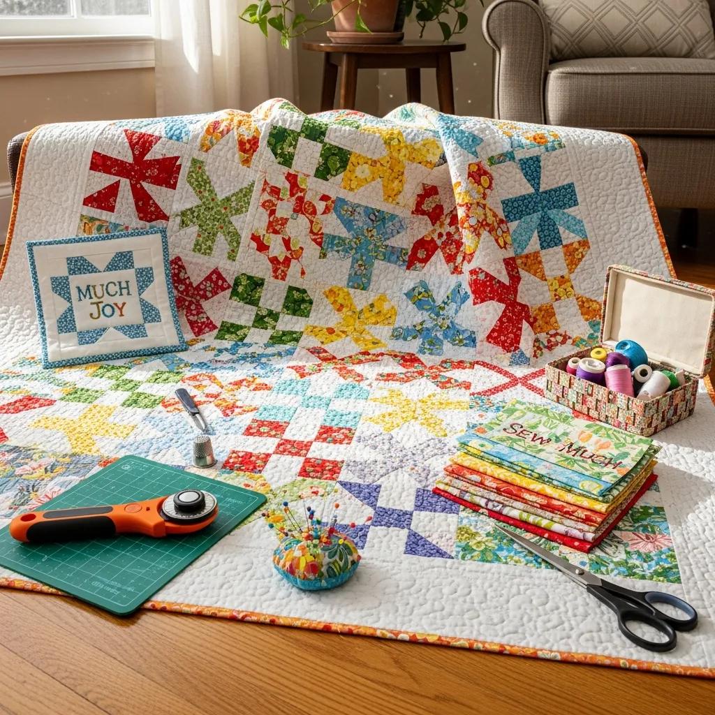 Completed patchwork quilt on living room floor with quilting tools