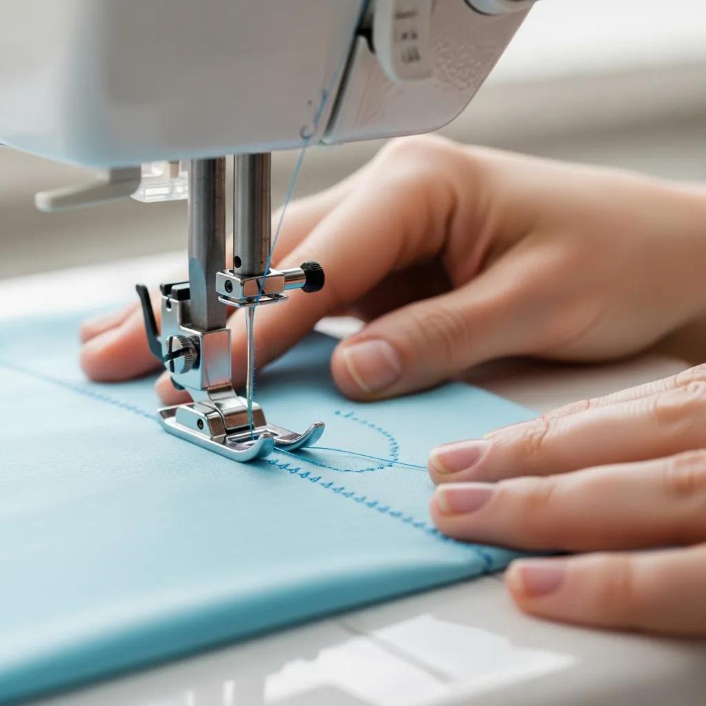 Hands sewing straight and curved stitches on a sewing machine